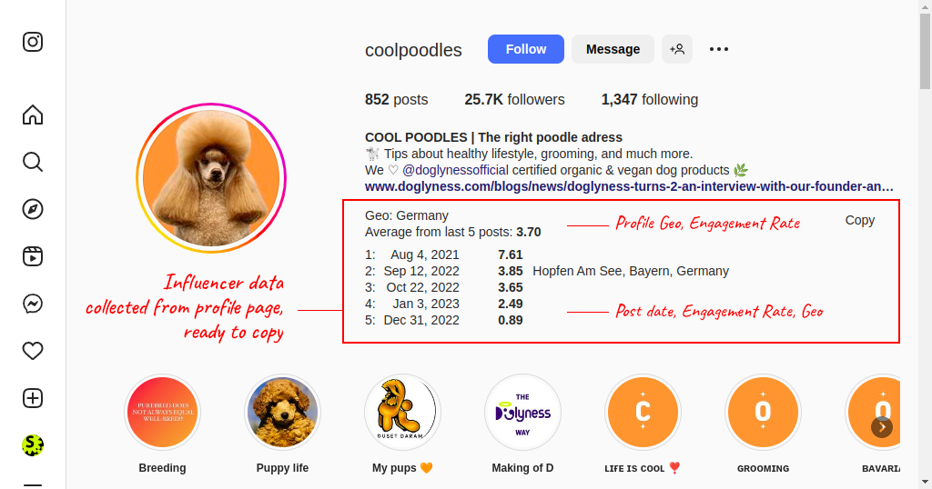 Instagram influencer data collector (Userscript for Tampermonkey browser extension)